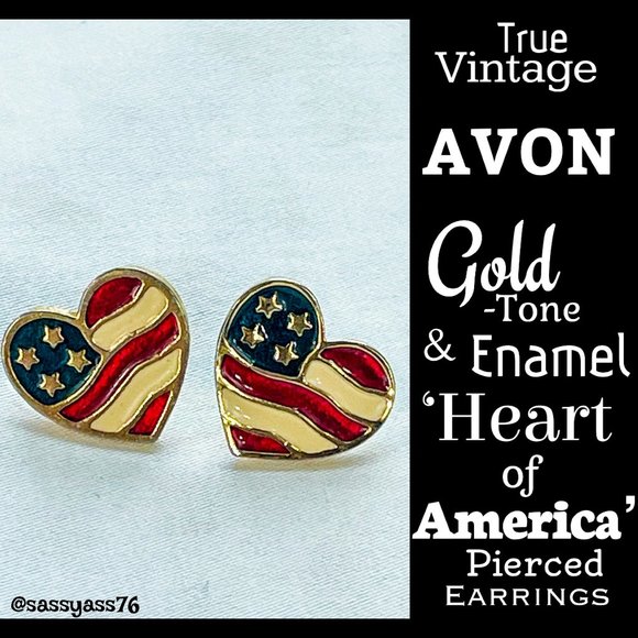 Vintage Jewelry - ▪️VTG▪️AVON▪️Gold-Tone Enamel 'Heart of America' Patriotic Flag Pierced Earrings